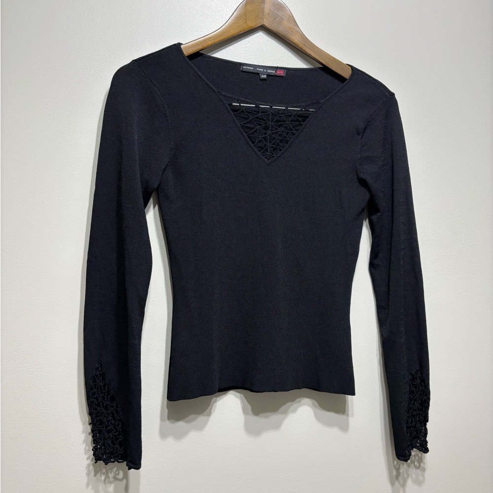 Optimum Pure & Simple Ribbed Contemporary Lace Long Sleeve Shirt Top Black